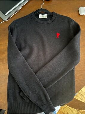 AMI Paris Black Crewneck Sweater with Red Heart Motif